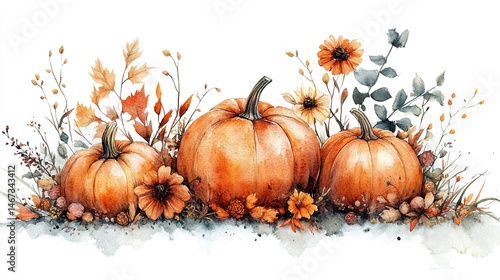 Hand-painted watercolor pumpkins with rustic floral wreath and autumn foliage  