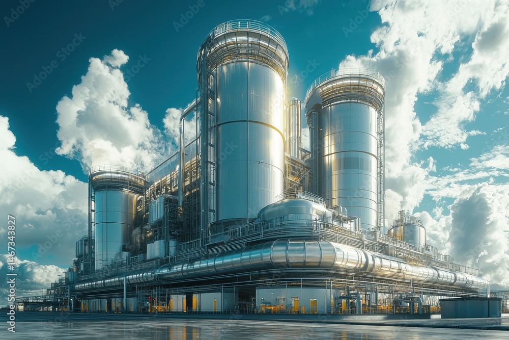 Obraz premium Futuristic Industrial Facility with Metallic Structures and Dramatic Sky in a Modern Urban Landscape