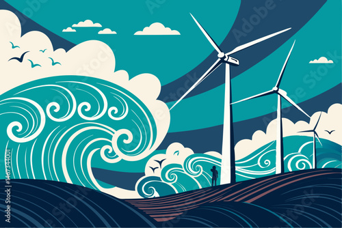 Create a vibrant vector background featuring numerous wind turbines against a bold teal sky.  Illustrate a clean, modern design suitable for energy-related projects.