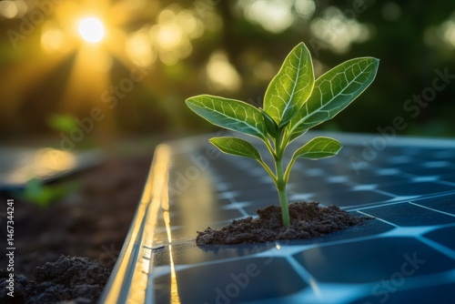 Green sprout growing on solar panel symbolizing renewable energy and sustainable innovation in clean technology solutions
