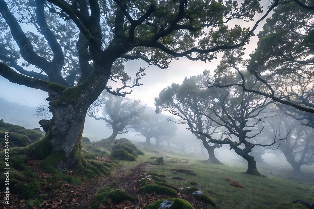 Obraz premium Misty green trees stand in a foggy mountain landscape, their branches reaching into the cool, moist air of the natural forest