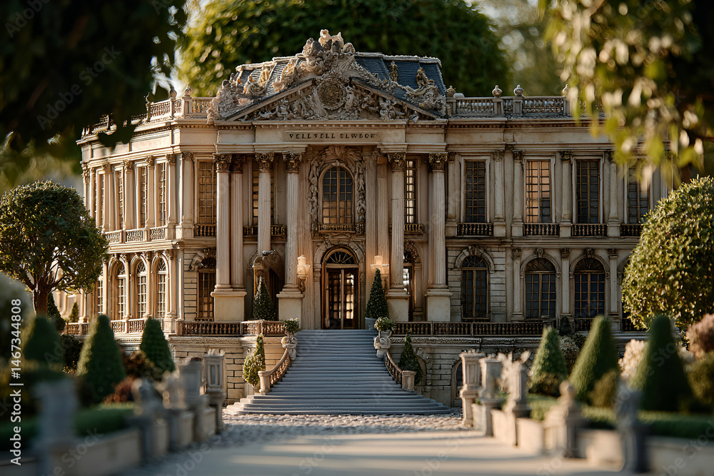 Obraz premium Grandeur and Elegance: A Miniature Architectural Masterpiece Surrounded by Serene Gardens
