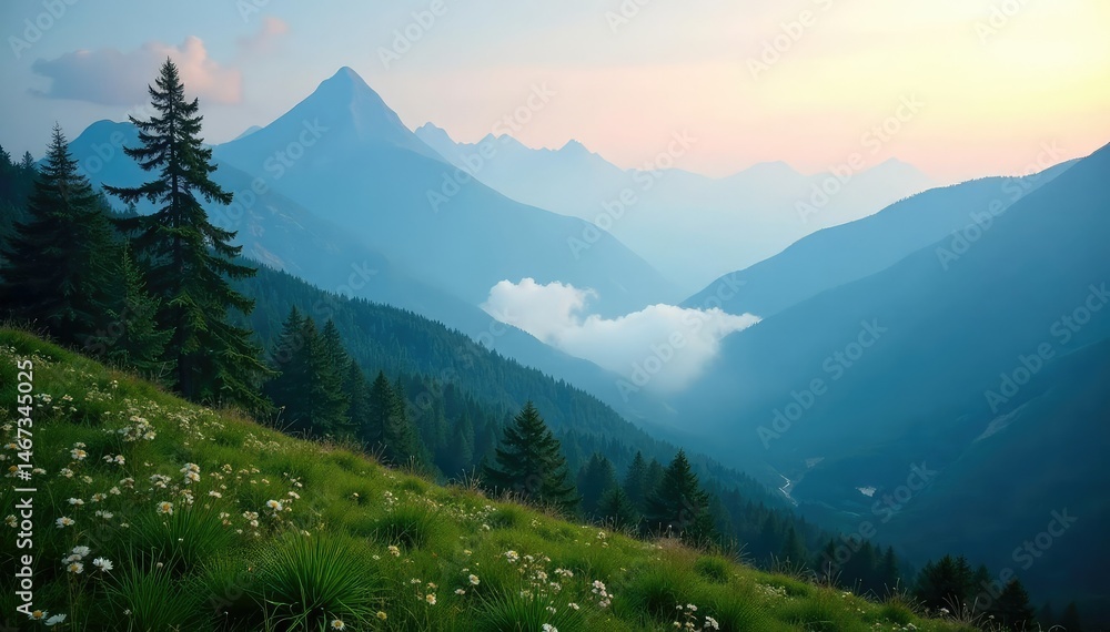Obraz premium Misty mountain vista, tranquil natural setting, ambiance, calm, natural background