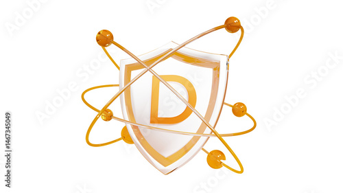 vitamin d symbol on shield with atoms spinning around, isolated 3d rendering, letter d on shield