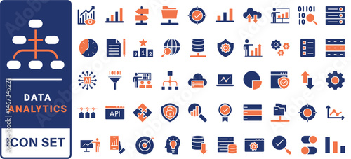 Data analysis line icons set. Analytics, server, mining, data filter, traffic, AI, hosting, monitoring. Statistics and analytics outline icons collection. - stock vector.
