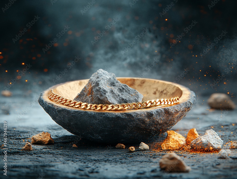 Gold chain resting in a stone bowl