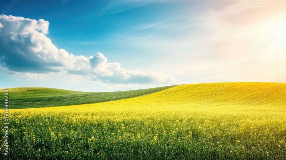 Fototapeta premium Rolling hills of vibrant yellow wildflowers under a sunny sky
