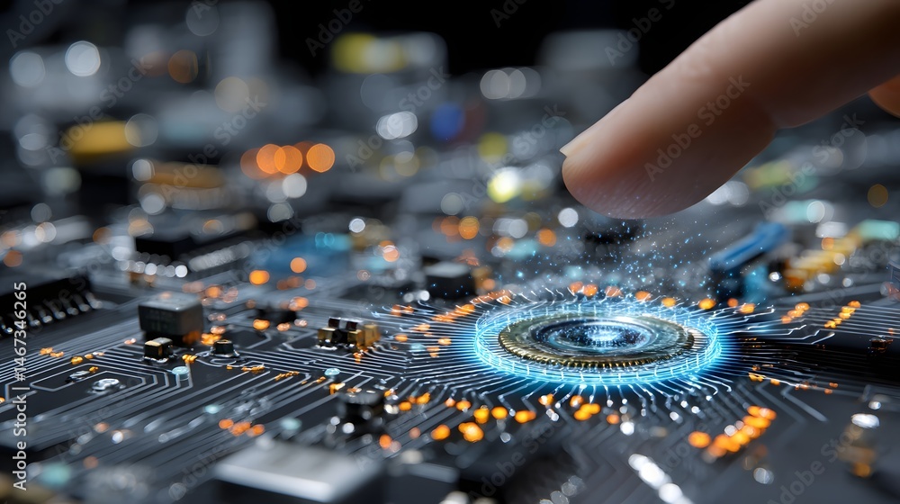 Fototapeta premium Quality assurance analyst's finger touching circuit board for electronic testing and analysis