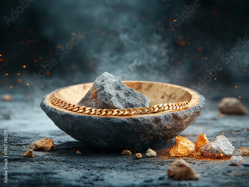 Obraz na płótnie Gold chain resting in a stone bowl w salonie