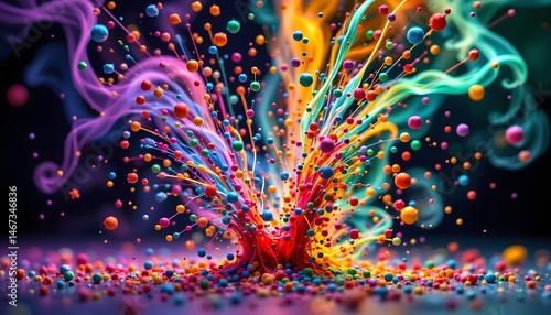 Dynamic quantum experiment illustrating colorful paint splashing from black background in motion