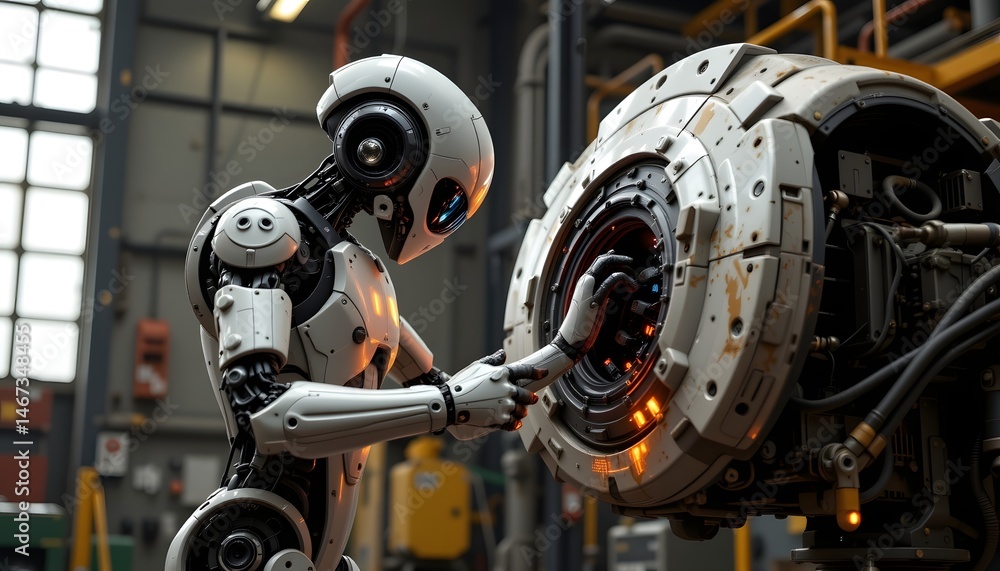 Fototapeta premium Robot working diligently on complex machinery with a determined stance and focus