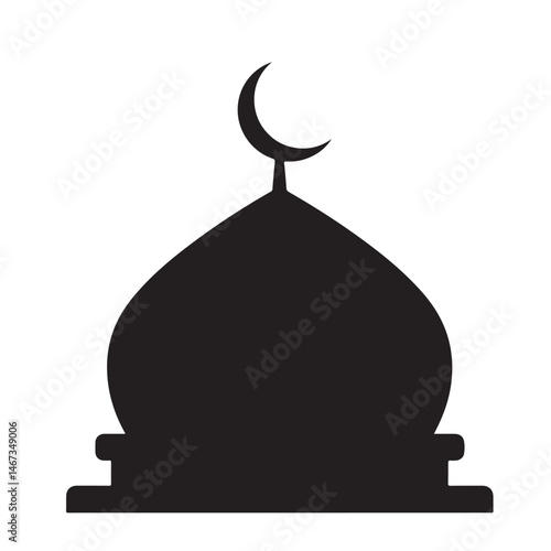 Flat Black Vector Silhouette of a Mosque Dome Topped with a Crescent Moon and Star Finial Representing Islamic Architecture and Faith Symbolism on White Background