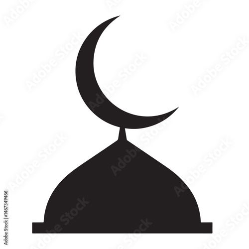 Flat Black Vector Silhouette of a Mosque Dome Topped with a Crescent Moon and Star Finial Representing Islamic Architecture and Faith Symbolism on White Background