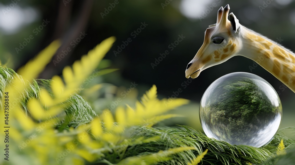 Giraffe with crystal ball in lush green grass and foliage. A serene, close-up, nature-themed still life, featuring a giraffe head gazing at a crystal sphere reflecting the greenery