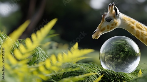 Obraz na płótnie Giraffe with crystal ball in lush green grass and foliage. A serene, close-up, nature-themed still life, featuring a giraffe head gazing at a crystal sphere reflecting the greenery w salonie