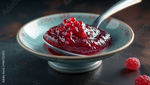 Photorealistic image of a spoonful of jam on ceramic saucer