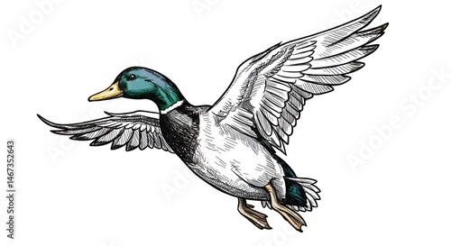 This is a hand-drawn, detailed illustration of a flying duck with wings fully extended. 