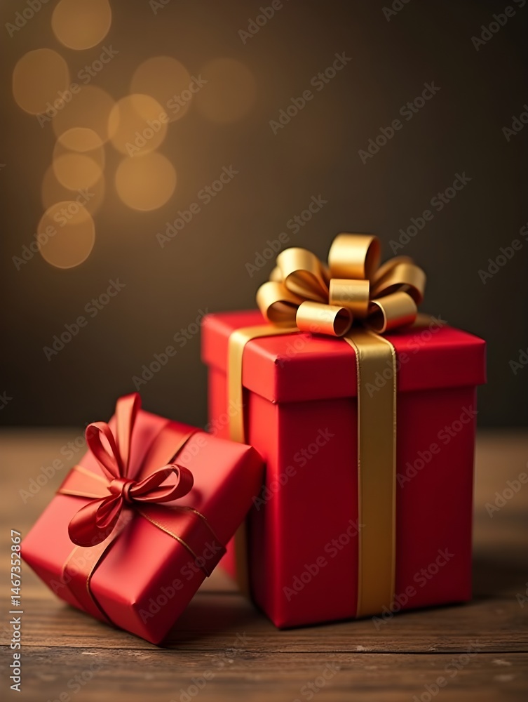 Fototapeta premium Christmas presents wrapped in red paper with gold ribbon on on wooden table background and bokeh. Place for typography and logo. Copy space. .