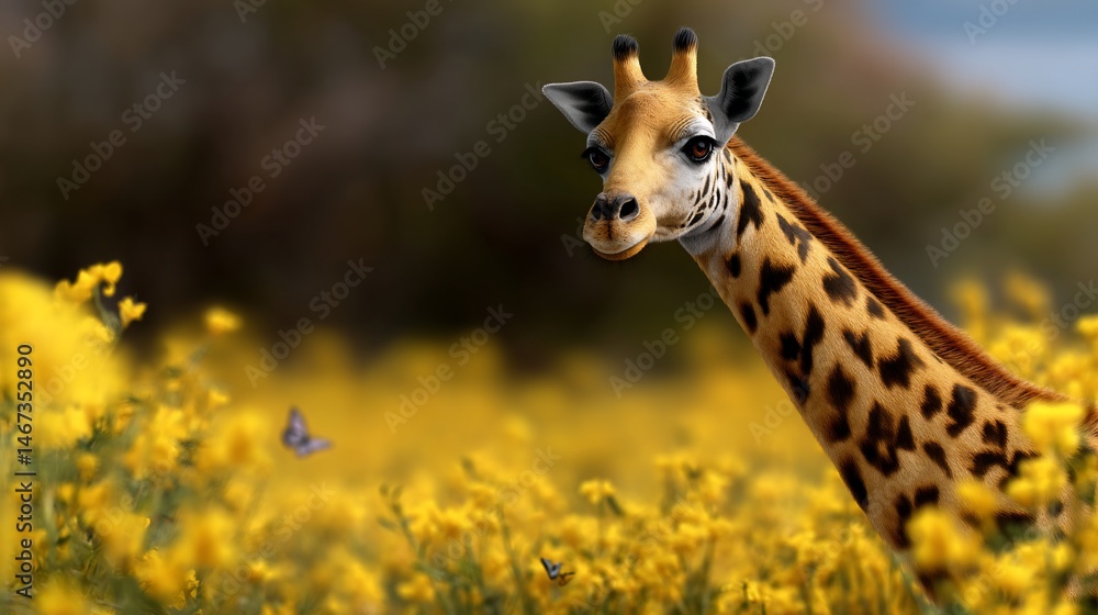 Giraffe in a field of yellow flowers