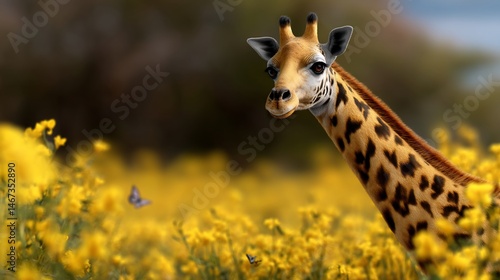 Obraz na płótnie Giraffe in a field of yellow flowers w salonie