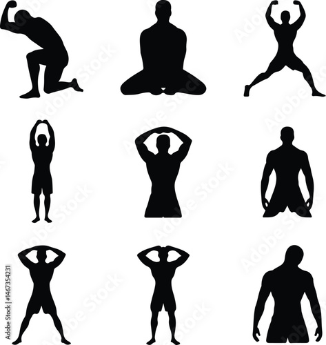 Male Body Posing Silhouette Set | Human Figure Art Poses Man Body Pose Vector Silhouettes | Fitness & Model Reference