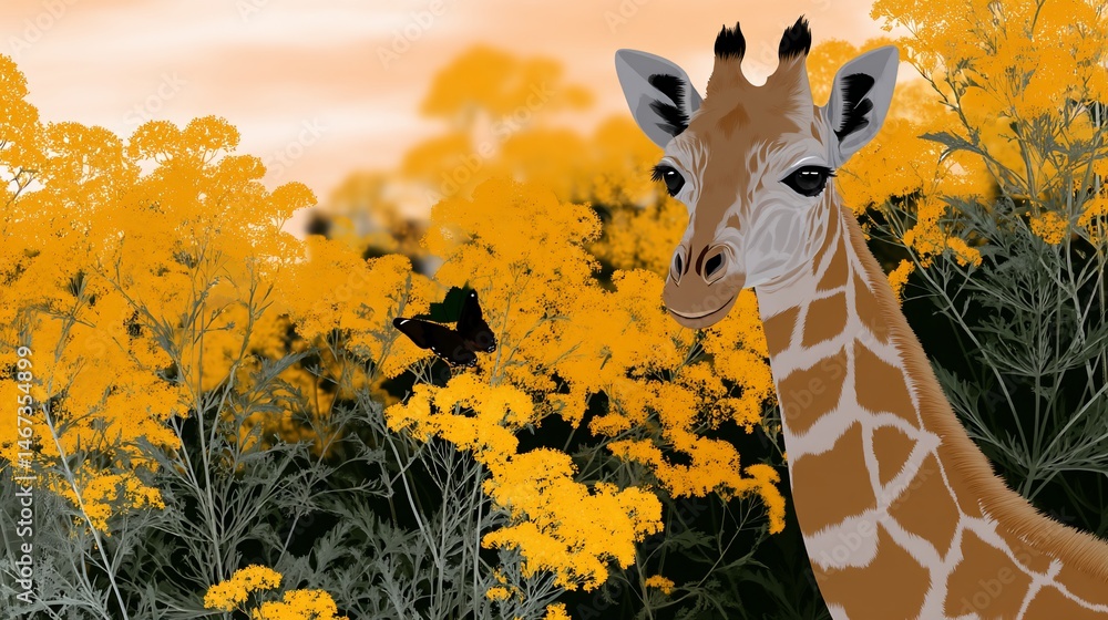 Giraffe amidst vibrant yellow flowers