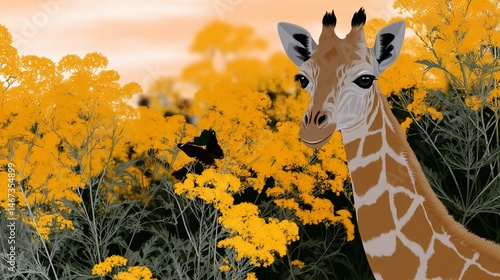 Obraz na płótnie Giraffe amidst vibrant yellow flowers w salonie