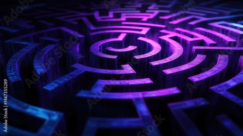 Abstract circular maze with neon purple and blue glow, complex path, 3D rendering.
