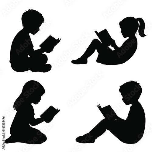 silhouette of children reading book 