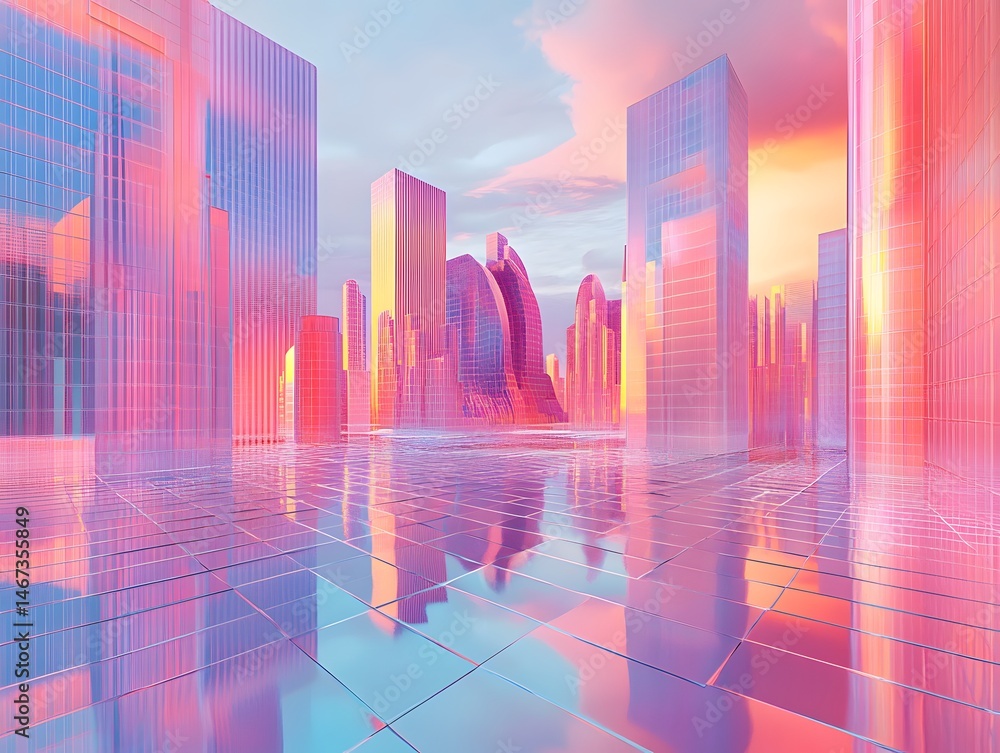 Obraz premium Reflective metropolis with pastel-hued buildings and ethereal atmosphere