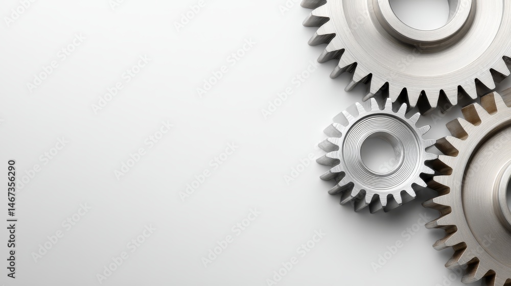 Three mechanical cogs with different diameters are neatly arranged on a bright white background, showcasing soft shadows and offering ample copy space on the left Three mechanical cogs with different diameters are neatly arranged on a bright white background, showcasing soft shadows and offering ample copy space on the left