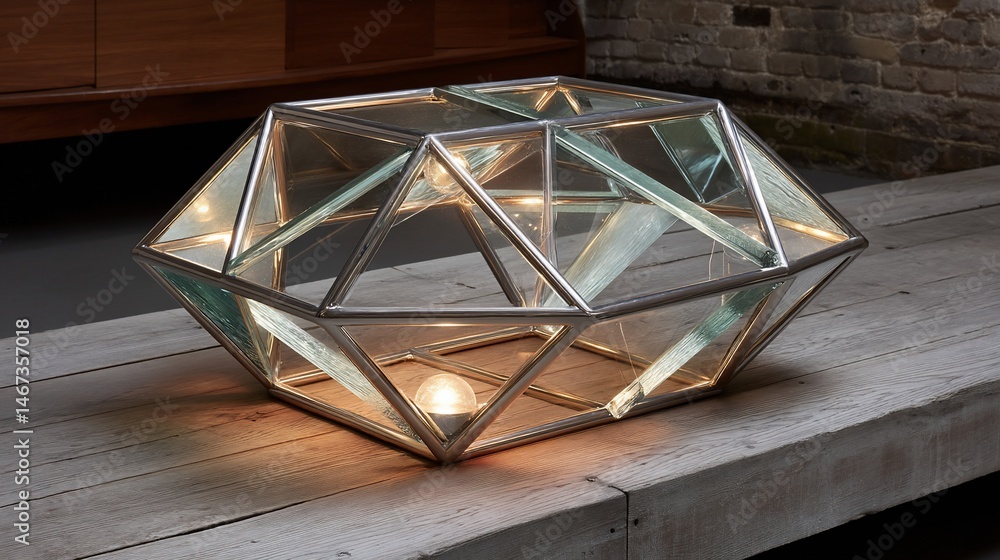 Geometric, glass-enclosed light fixture