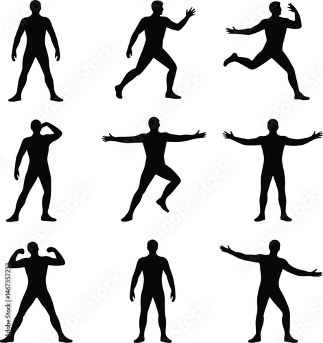 Male Body Posing Silhouette Set | Human Figure Art Poses Man Body Pose Vector Silhouettes | Fitness & Model Reference