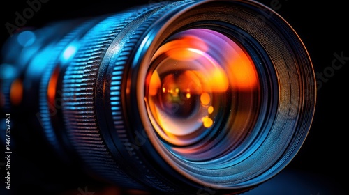 Close-up view of a camera lens, showcasing its intricate design and vibrant highlights