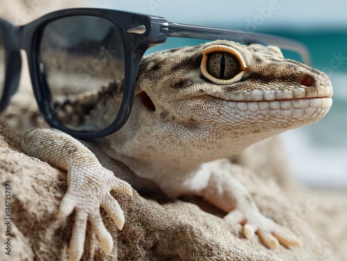 Gecko wearing sunglasses on a sandy beach