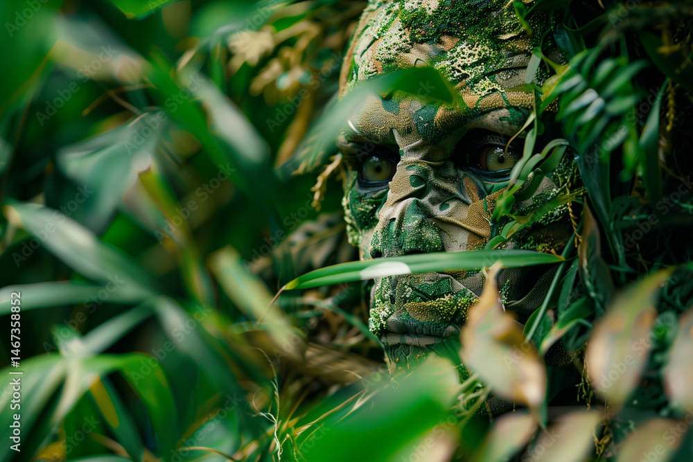 Obraz premium Alien with plant-like features in a jungle, with dappled, natural lighting and lush vegetation. Generative AI