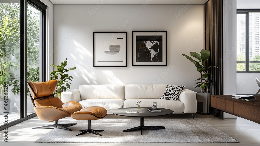 Fototapeta premium Modern living room with natural light, comfortable furniture, and minimalist art.