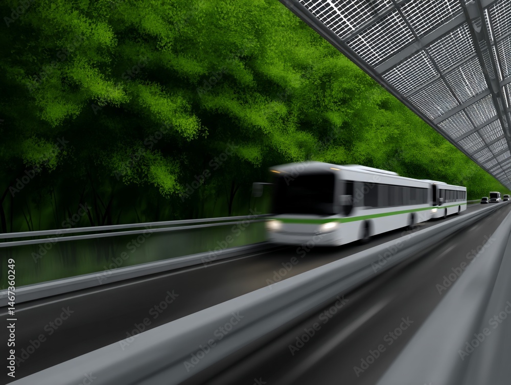 Futuristic urban transport tunnel with lush green foliage