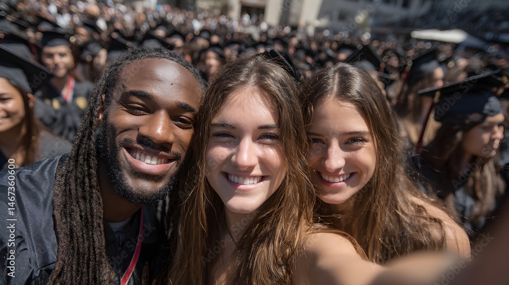 Fototapeta premium Three happy diverse graduates take a celebratory selfie together amidst a large crowd of fellow graduates at their commencement ceremony.