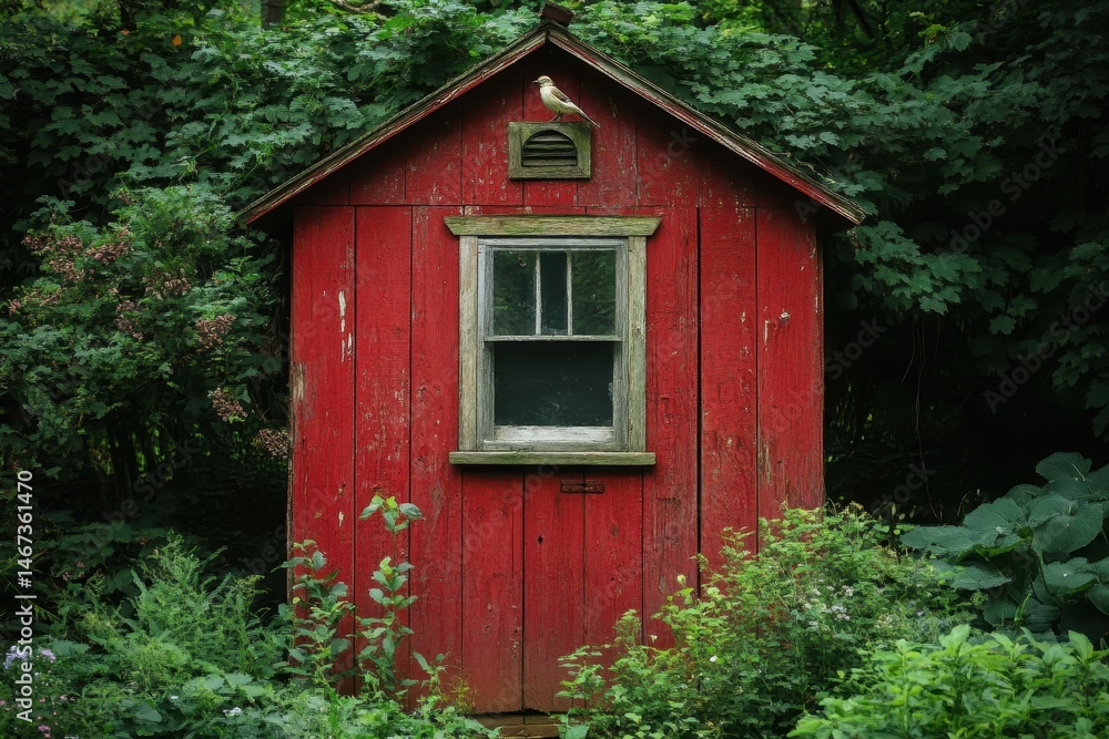 Rustic red shed stands in a lush garden with a bird on top. It can illustrate nature, simple living, or vintage themes well. Rustic red shed stands in a lush garden with a bird on top. It can illustrate nature, simple living, or vintage themes well.