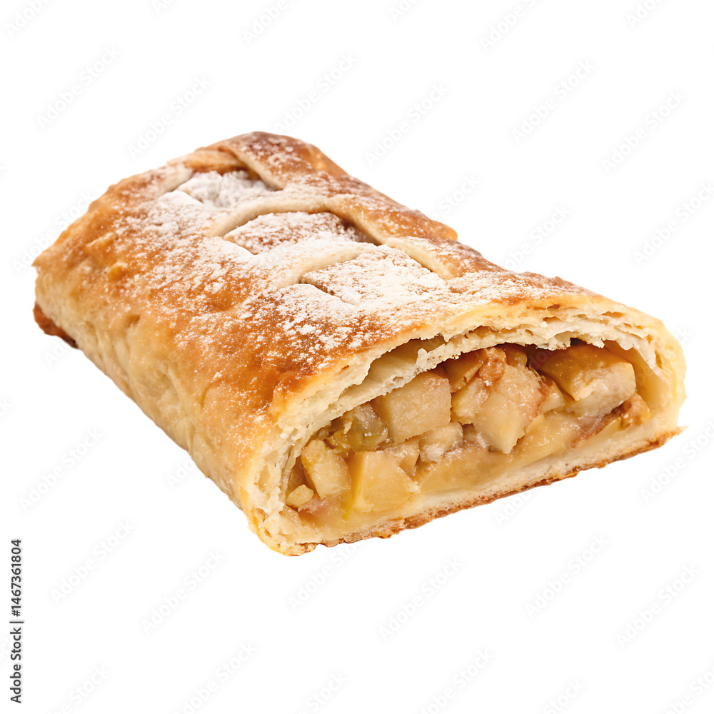 A whole single strudel slice isolated on a transparent background A whole single strudel slice isolated on a transparent background