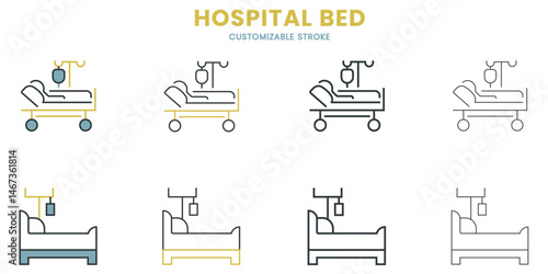 Hospital bed icon set, customizable stroke, vector, illustration