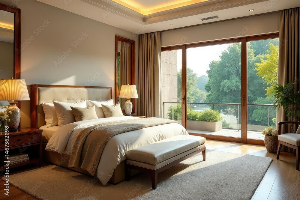 Luxurious master bedroom with large windows and cozy bedding , spacious, carpet, bed Luxurious master bedroom with large windows and cozy bedding , spacious, carpet, bed