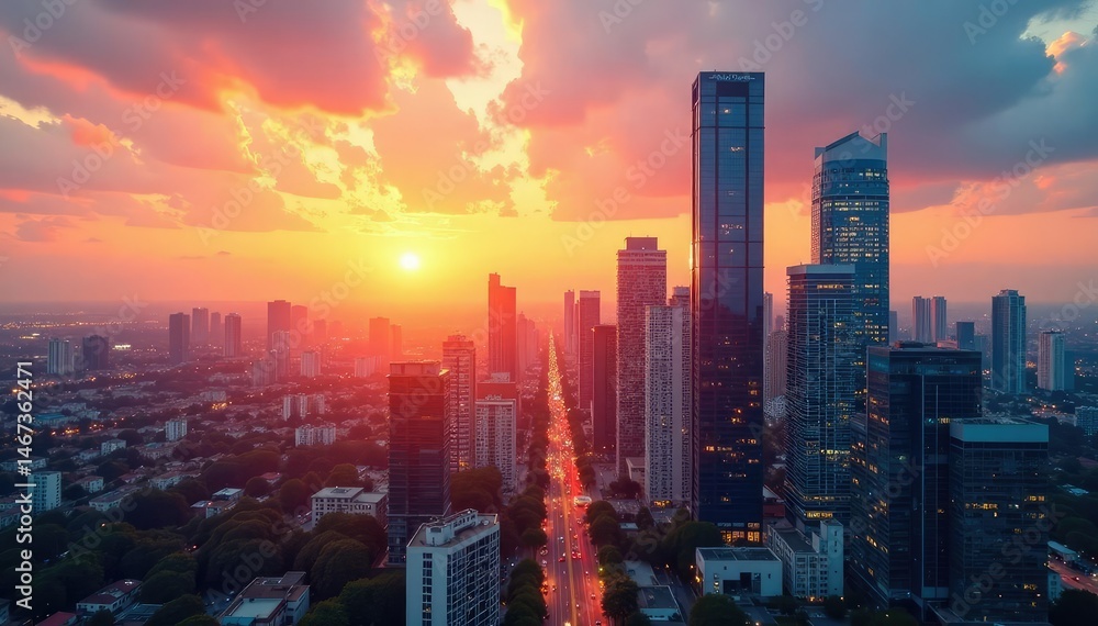 Fototapeta premium Modern city office buildings at sunset, skyscrapers, urban landscape , downtown, business