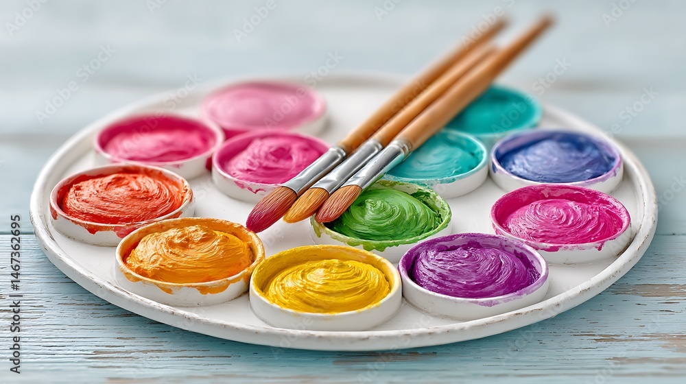 Naklejka premium Colorful Paint Palette with Brushes on Wood.