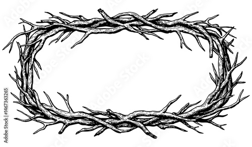 Rustic black and white vector illustration of a rectangular wooden twig frame made from intertwined branches and sticks, ideal for nature-themed designs, invitations, labels, or signage.