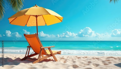 Relaxing umbrella beach chair on sandy beach, sunny day , landscape, shoreline
