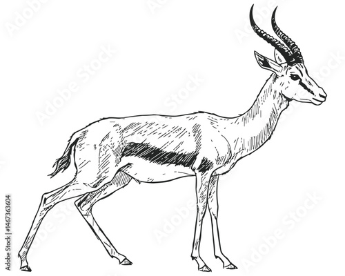Detailed black and white vector illustration of a standing gazelle with curved horns and slender legs, showcasing elegant anatomy and fur markings—ideal for wildlife, safari, or nature-themed designs.