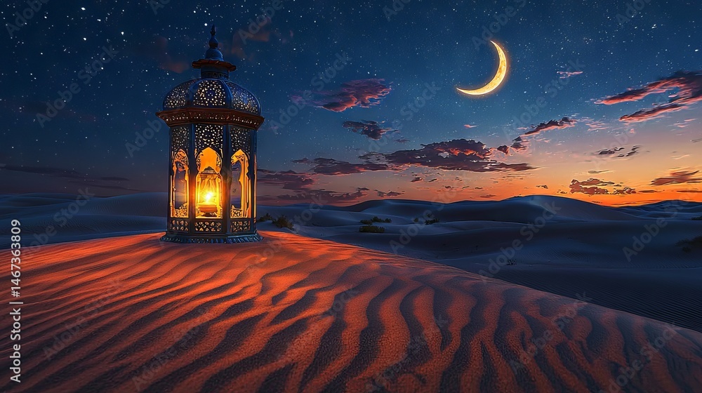 Lantern Glows in Desert Night Under Starry Sky and Crescent Moon Lantern Glows in Desert Night Under Starry Sky and Crescent Moon