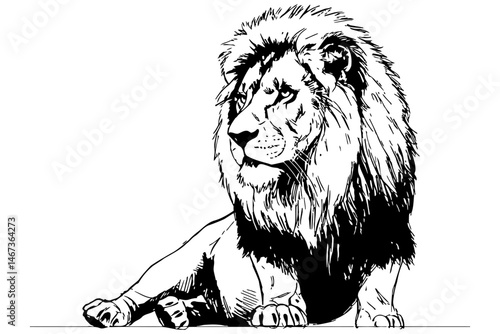 vector illustration of a majestic lion sitting with a proud expression and full mane, showcasing strength, nobility, and wild elegance in a hand-drawn sketch style.